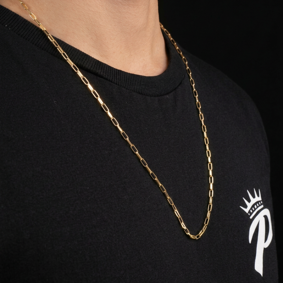 CORRENTE TIJOLINHO 4MM - 70CM (FECHO BOMBA) - BANHADO A OURO 18K