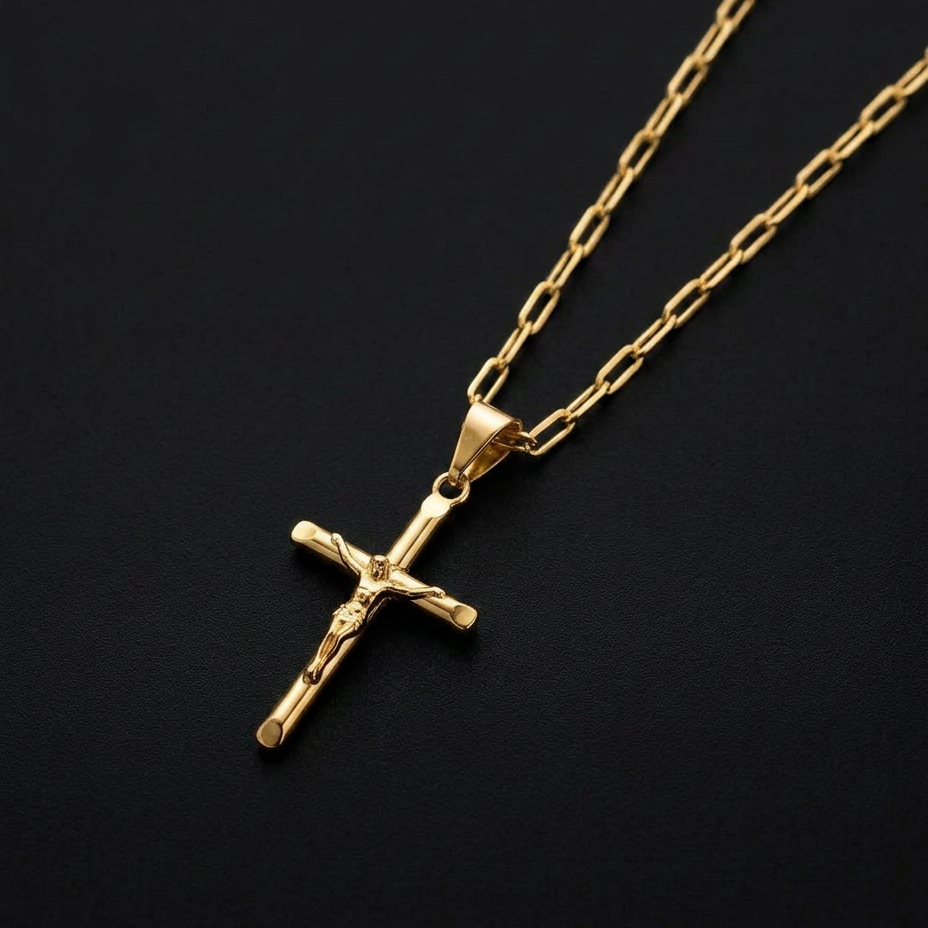 CORRENTE TIJOLINHO DE QUINA 2MM - 70CM + PINGENTE CRUZ PONTEADA COM CRISTO (BANHADO A OURO 18K)