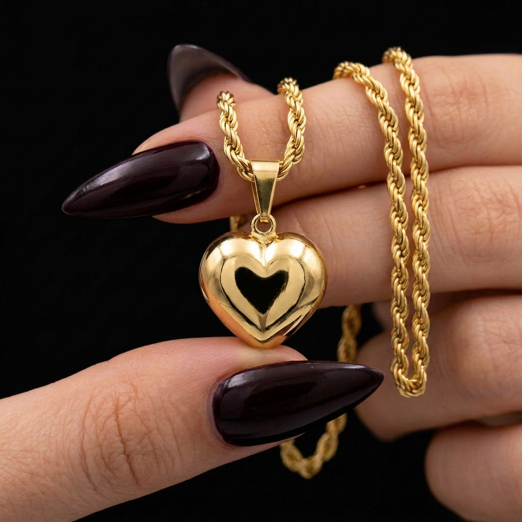 CORRENTE ELO BAIANO 2,5MM - 45CM + PINGENTE CORAÇÃO BOLEADO PEQUENO - BANHADO A OURO 18K