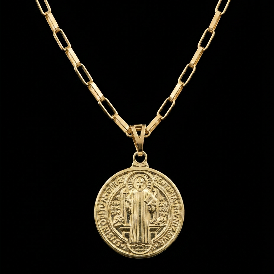 CORRENTE TIJOLINHO 4MM - 70CM (FECHO BOMBA) + PINGENTE MEDALHA DE SÃO BENTO MÉDIA (BANHADO A OURO 18K)