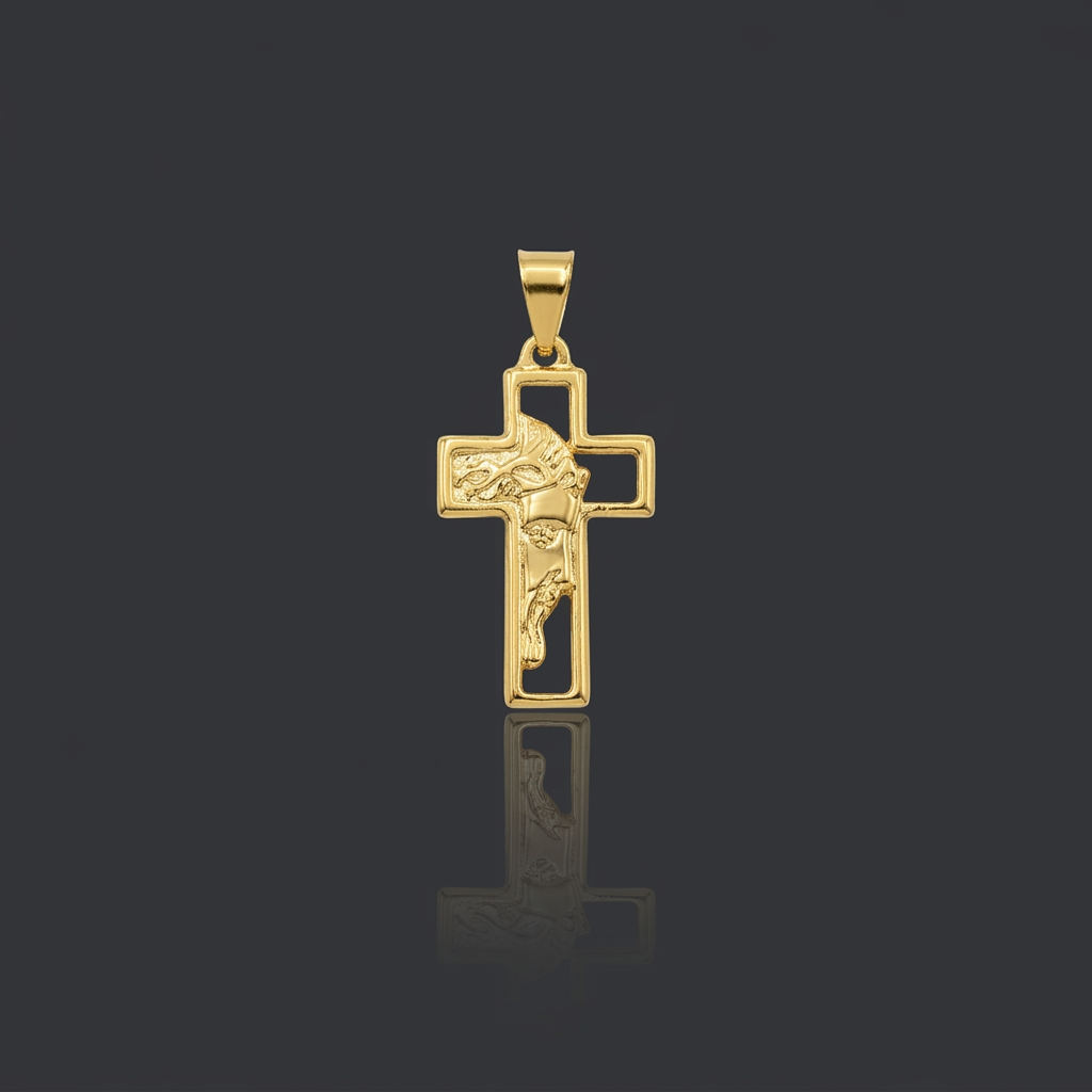 PINGENTE CRUZ VAZADA COM ROSTO DE CRISTO - BANHADO A OURO 18K