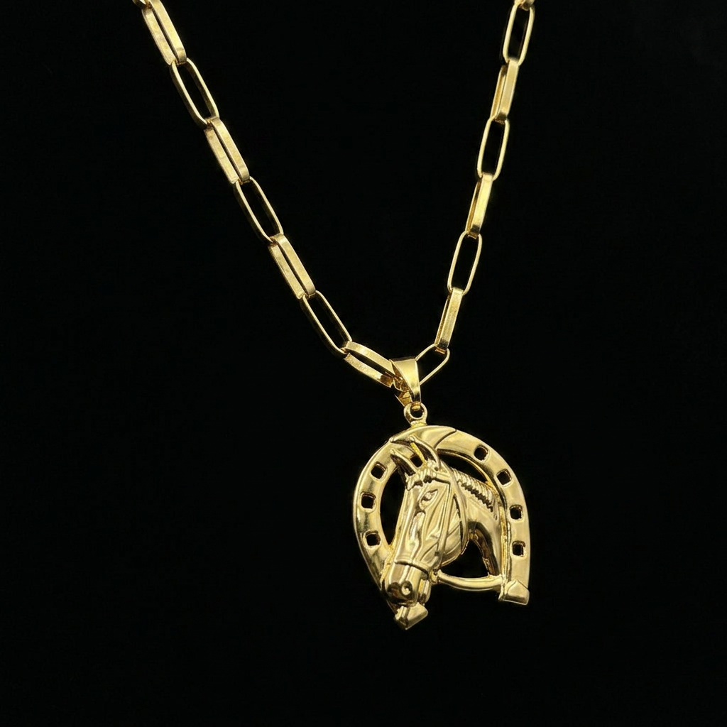 CORRENTE TIJOLINHO LONG 5MM (FECHO GAVETA) + PINGENTE FERRADURA GRANDE (BANHADO A OURO 18K)