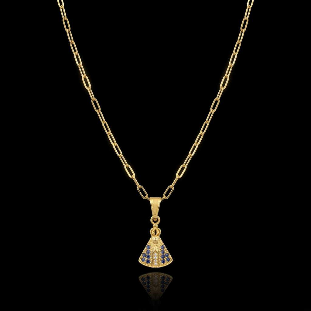 CORRENTE TIJOLINHO DE QUINA 2MM - 70CM (FECHO ITALIANO) + PINGENTE NOSSA SENHORA CRAVEJADO (BANHADO A OURO 18K)