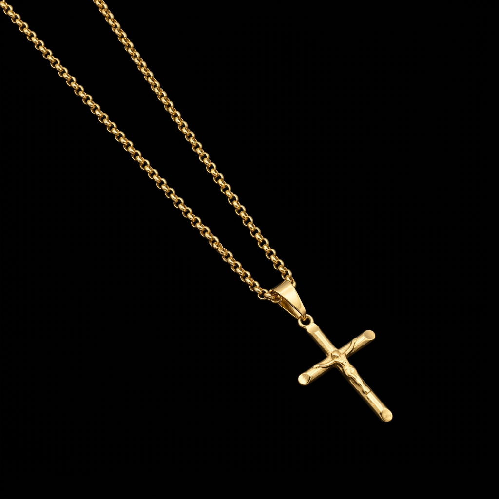 CORRENTE ELO PORTUGUÊS 2MM - 70CM + PINGENTE CRUZ PONTEADA COM CRISTO (BANHADO A OURO 18K)