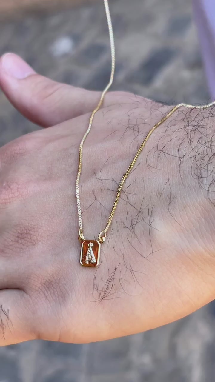 ESCAPULÁRIO NOSSA SENHORA APARECIDA E SAGRADO CORAÇÃO P (VENEZIANA 1MM) - 70CM - BANHADO A OURO 18K